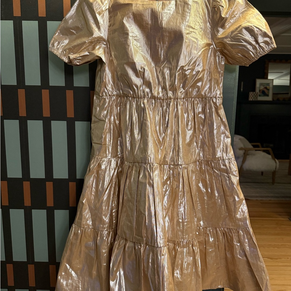Crewcuts Metallic Gold Tiered Puff-Sleeve Dress